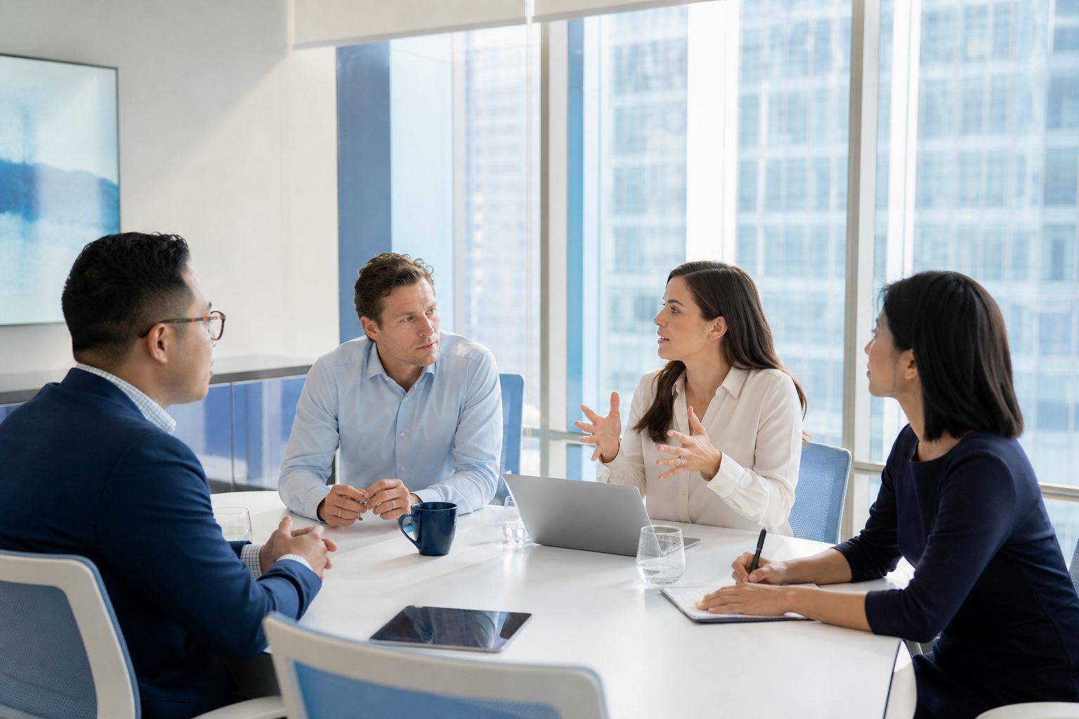 Small group of professionals meeting around a white table in a bright glass walled office