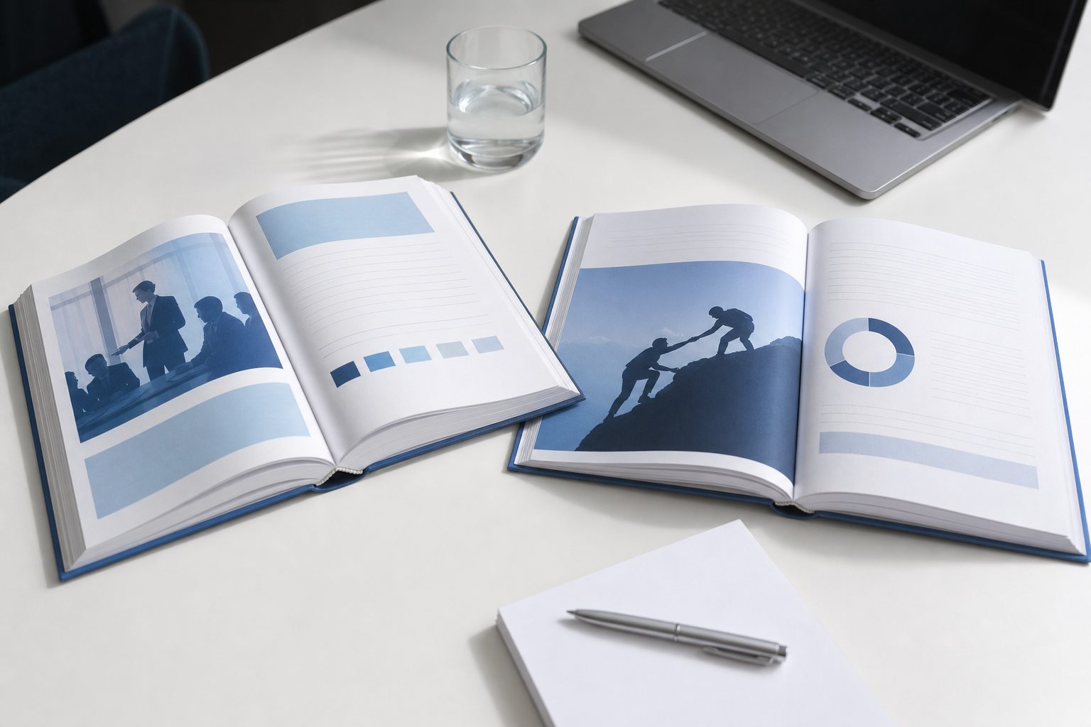 Two open professional training manuals side by side on a bright white desk