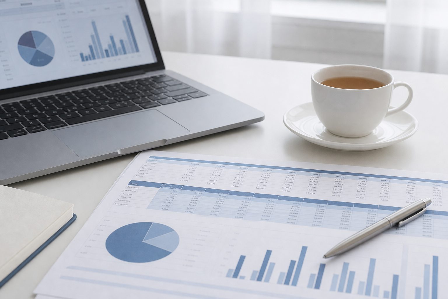 Laptop and printed pricing worksheet on a bright white table in soft daylight