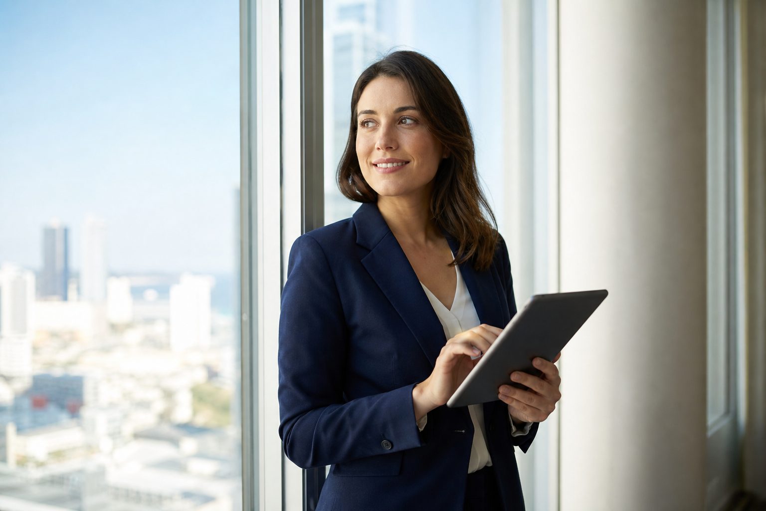 Professional woman with a tablet at a sunlit window overlooking a city skyline