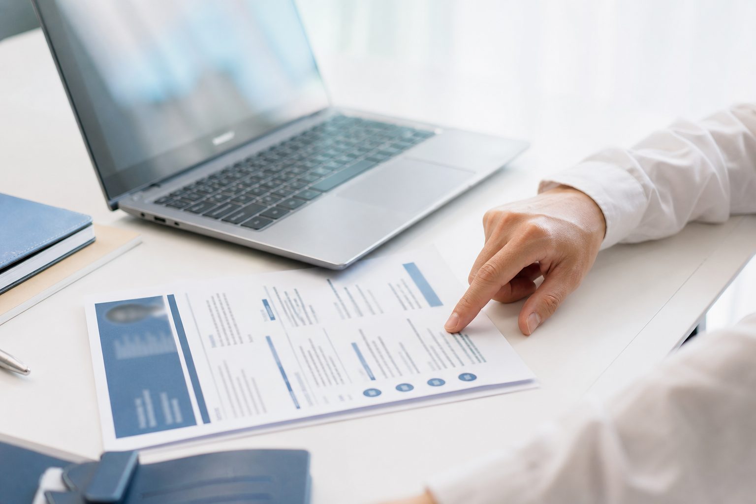 Printed resume beside an open laptop on a bright white desk with a hand pointing at it