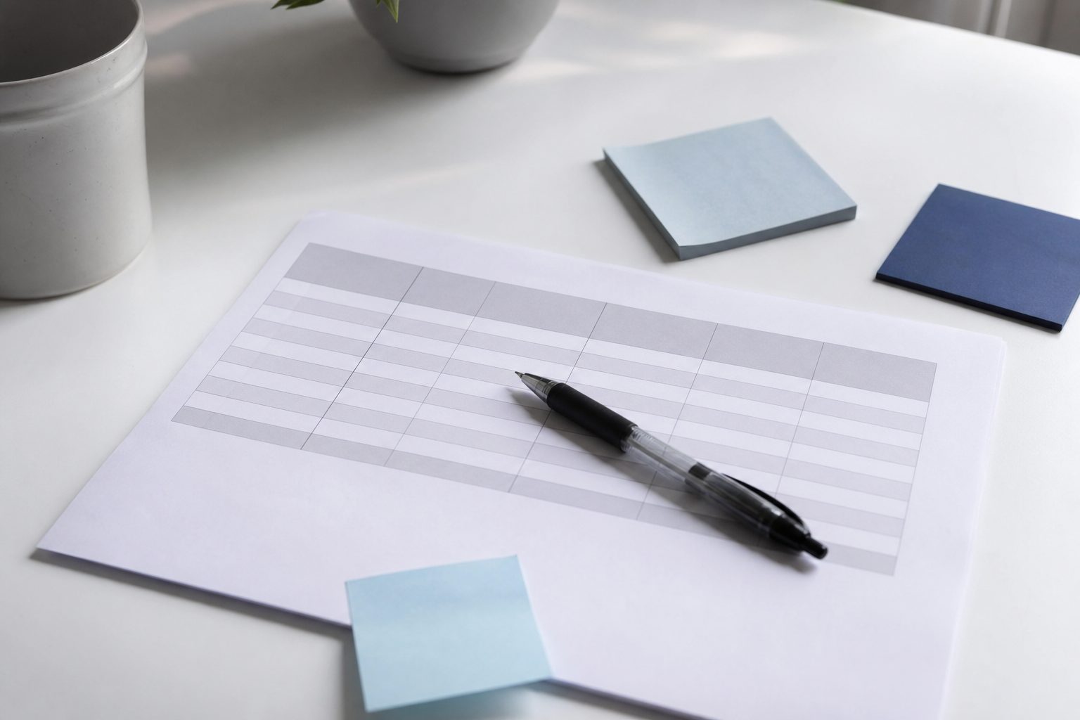 Printed job application tracker with pale blue sticky notes on a bright white table