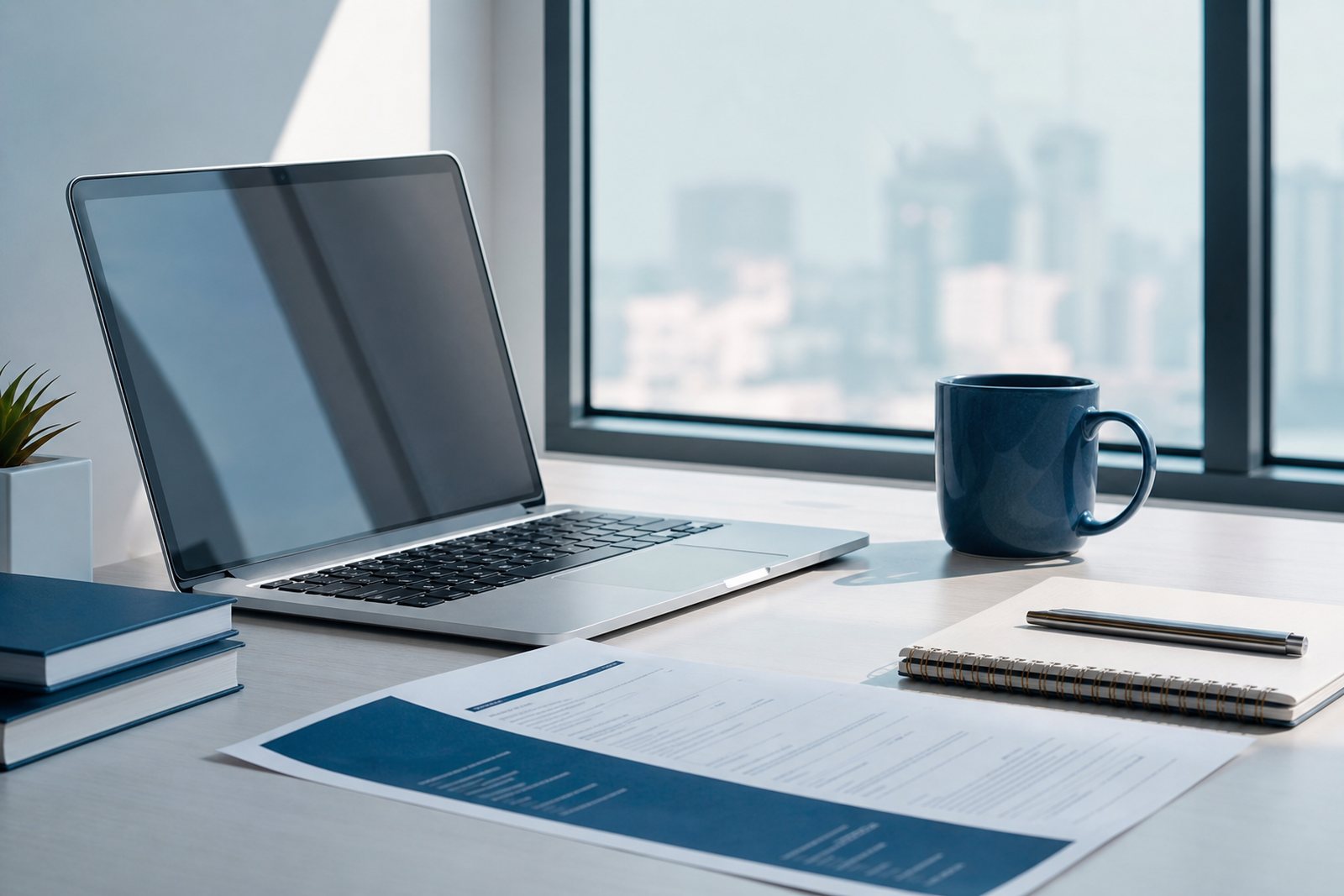 A printed resume, a notebook and a laptop on a bright desk beside a large window